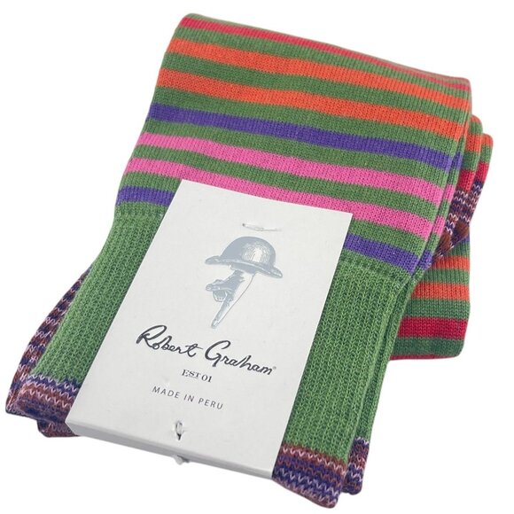 Robert Graham Mens Hillside Regular Striped Socks Green/Purple/Orange - Picture 1 of 7